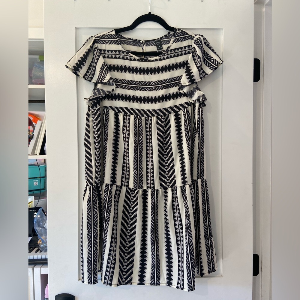 Black and White Tiered Dress with Flutter Sleeves